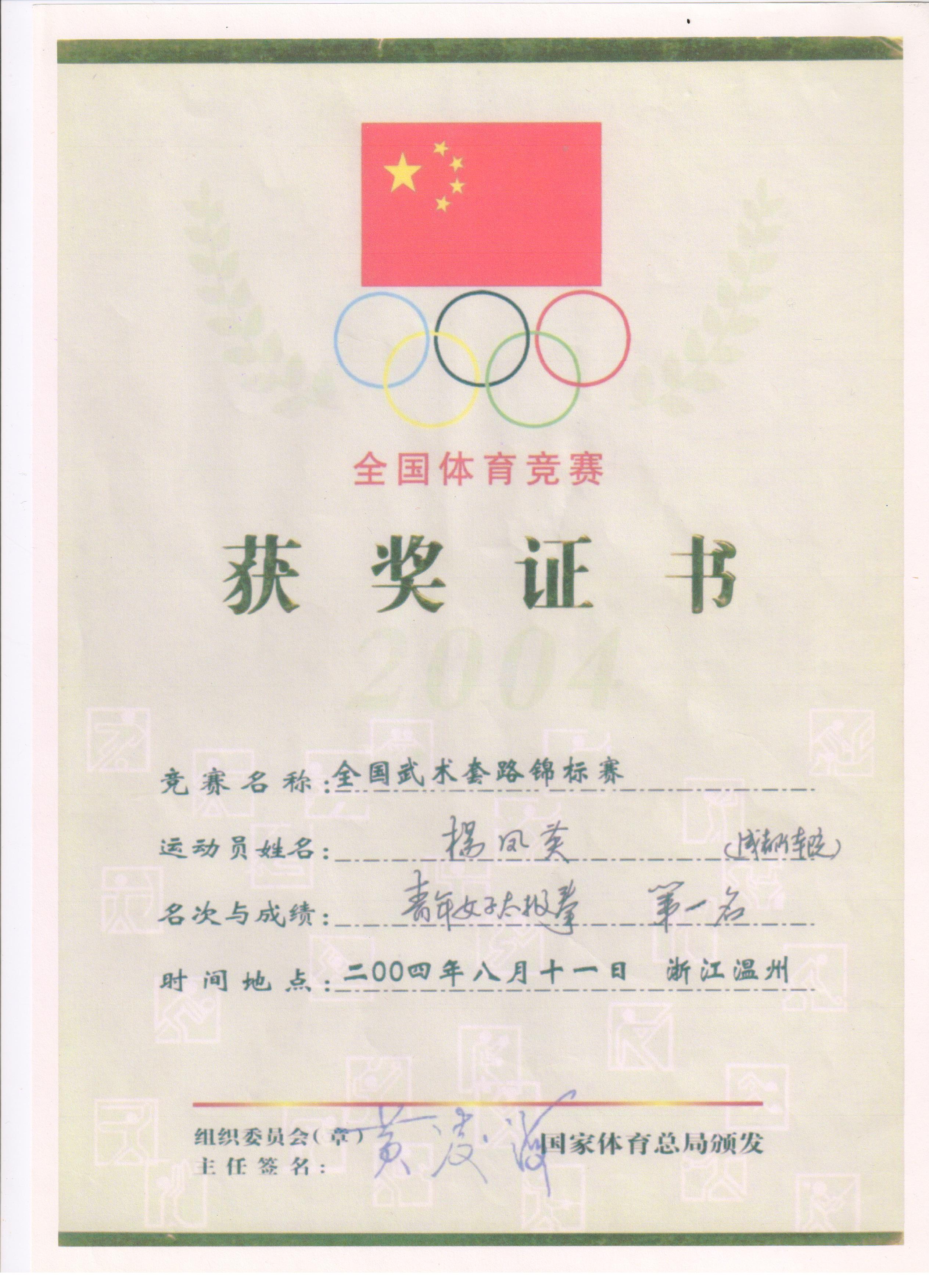 2004年全国武术套路锦标赛青年女子太极拳第一名